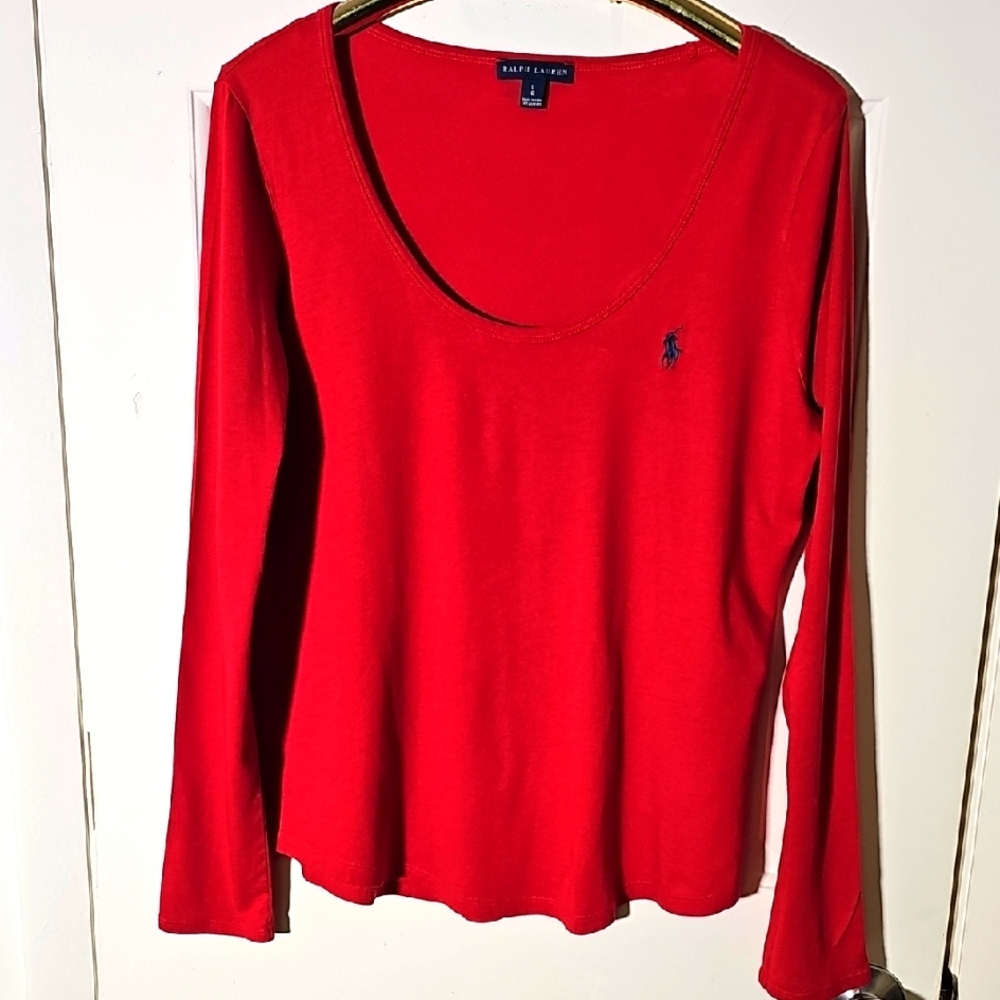 Ralph‎ Lauren Red Long Sleeve Tee Shirt. Scoop Neckline Size Lgo